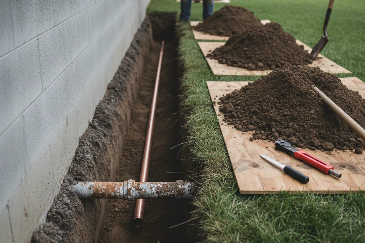 Excavated water line trench during Water Softener Installation in Enfield